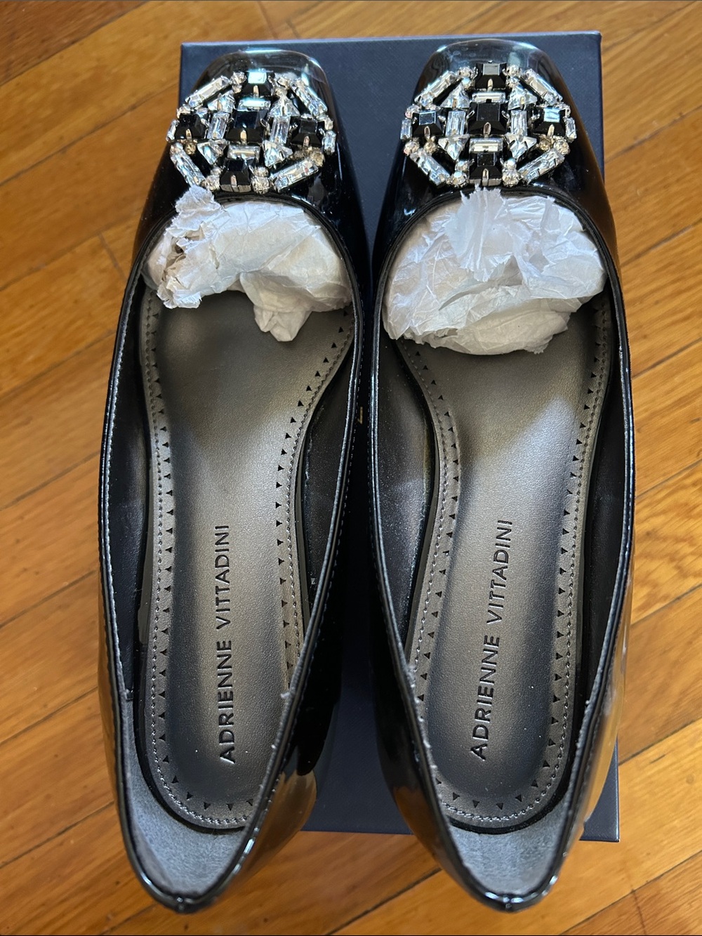 Adrienne Vittadini Black Patent Wedges with Crystal Embellishment